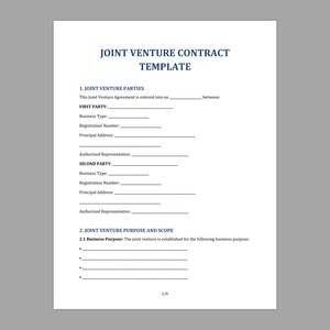 May include: A white document titled "JOINT VENTURE CONTRACT TEMPLATE" with blue text. The document includes sections for joint venture parties, business type, registration number, and purpose and scope. The document is on a gray background.