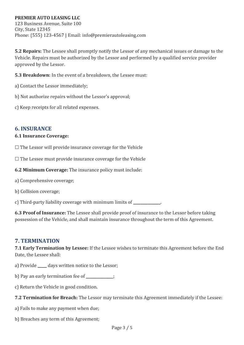 Car Lease Contract Template Printable Vehicle Agreement Editable Auto