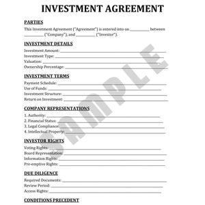 Editable Investment Agreement Template - Easy to Use Word & PDF - Customizable for Funding Deals