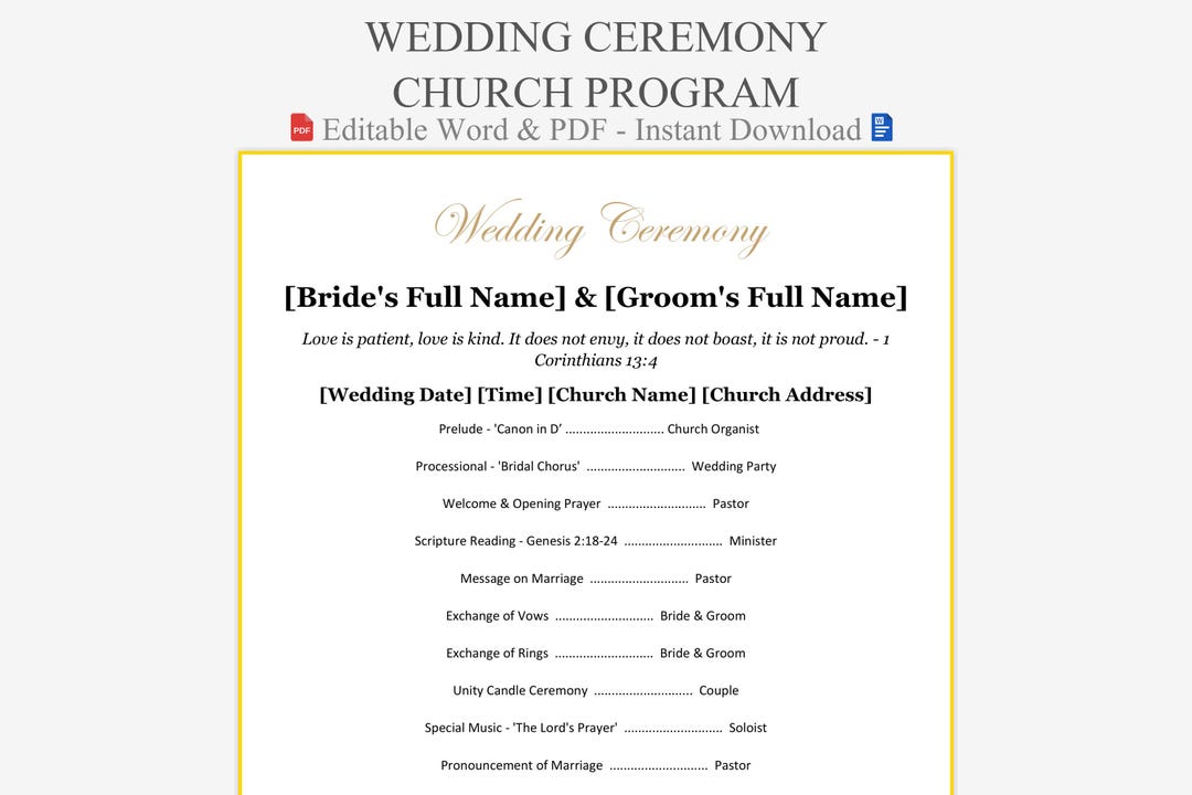 Wedding Ceremony Church Program Template - Etsy