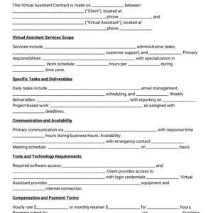 May include: A black and white document titled "Virtual Assistant Contract." The contract template includes sections for services, tasks, communication, and payment terms. It is a fill-in-the-blank form.