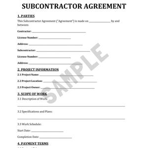 May include: A white Subcontractor Agreement document with black text. The document includes sections for parties, project information, scope of work, and payment terms. The word "SAMPLE" is watermarked across the page.