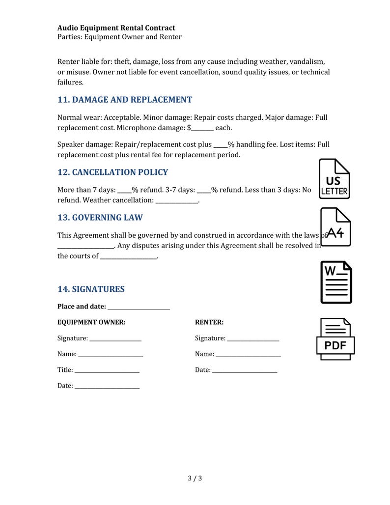 Audio Equipment Rental Contract Template Word PDF - Sound Gear Lease ...
