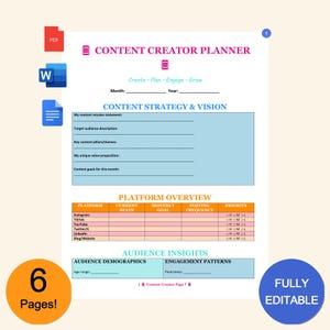 May include: A printable content creator planner with a pink and blue color scheme. The planner includes sections for content strategy and vision, platform overview, audience demographics, and engagement patterns. The text "Create - Plan - Engage - Grow" is at the top of the page.