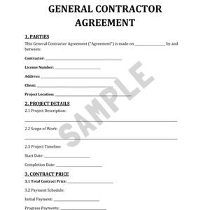 以下が含まれることがあります： 「ゼネラルコントラクター契約」と題された白い書類で、当事者、プロジェクトの詳細、契約価格のセクションがあります。この書類には、請負業者、顧客、プロジェクトの説明などの情報を記入するための行が含まれています。「SAMPLE」という単語が透かしとして表示されています。