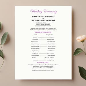May include: A wedding ceremony program with the names Jessica Marie Thompson and Michael James Anderson in purple script. The program includes the order of ceremony and wedding party details, with floral accents.