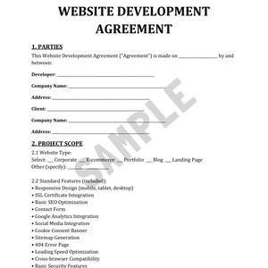 May include: A Website Development Agreement document with the title "WEBSITE DEVELOPMENT AGREEMENT" in bold black text. The document includes sections for parties, project scope, and standard features. The document is on white paper.