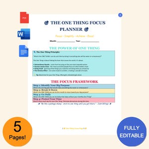 Könnte beinhalten: Ein druckbarer Planer mit einem blauen, grünen und rosa Farbschema. Der Planer trägt den Titel "The One Thing Focus Planner" und enthält den Text "Focus - Simplify - Achieve - Excel". Der Planer soll Benutzern helfen, sich auf ihre Ziele zu konzentrieren und diese zu erreichen.