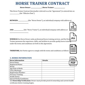May include: A printed horse trainer contract with the title "HORSE TRAINER CONTRACT" in blue. The document includes sections for horse information, ownership verification, and agreement terms. Icons for US Letter, A4, Word, and PDF formats are visible.
