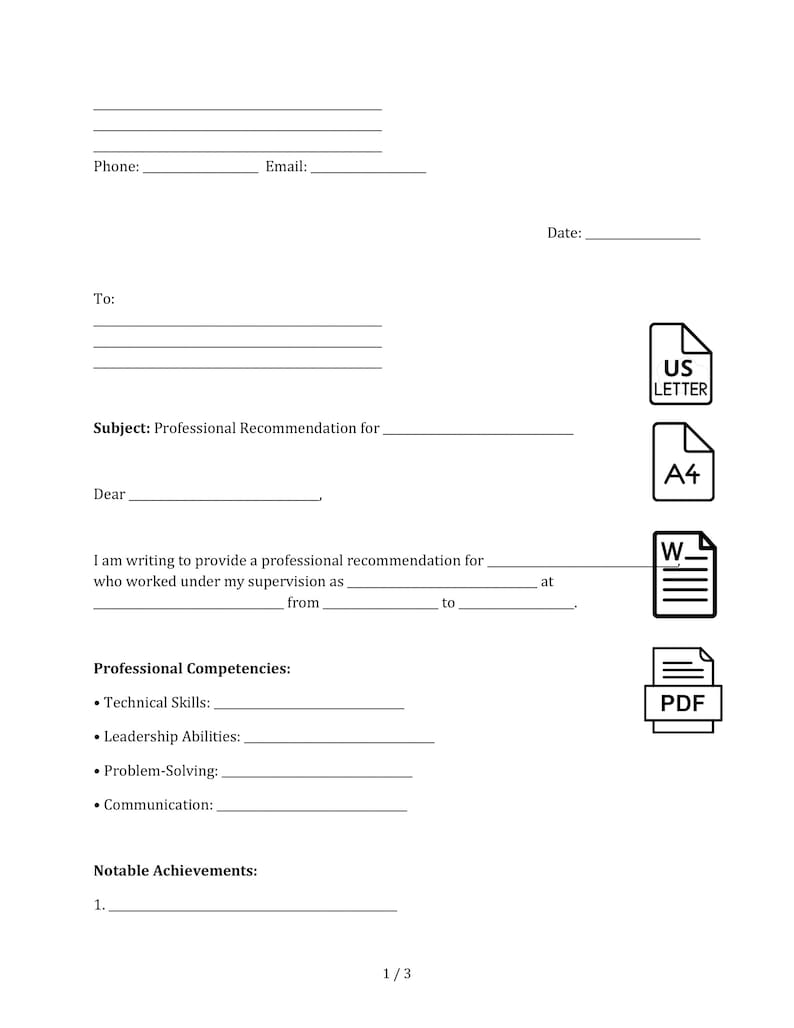 Professional Recommendation Letter Template Word &amp; PDF - Work ...