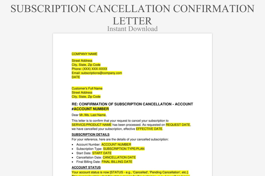 Subscription Cancellation Confirmation Letter Service End Template