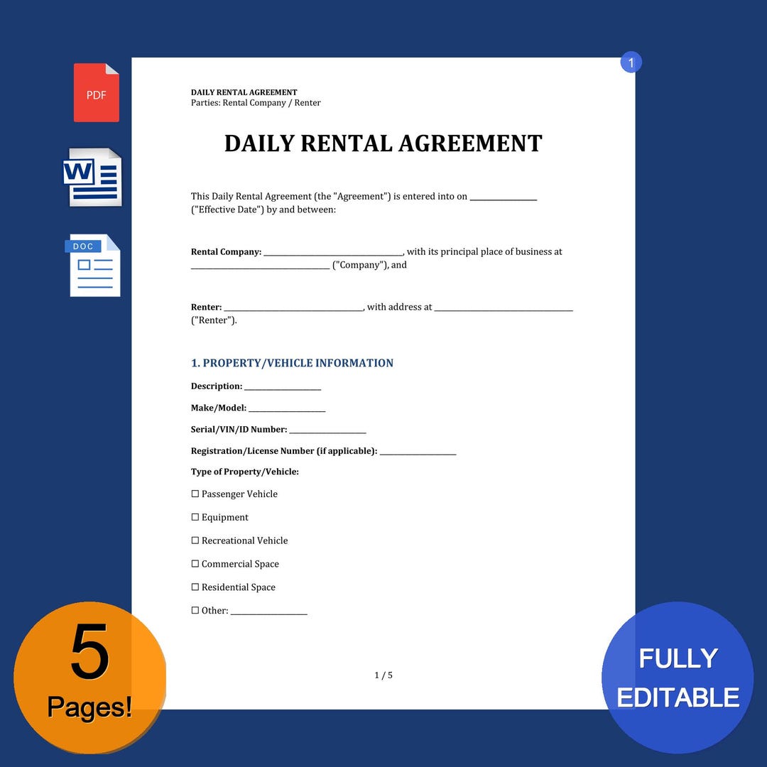 Daily Rental/lease Agreement - 24-hour-contract-template - Etsy