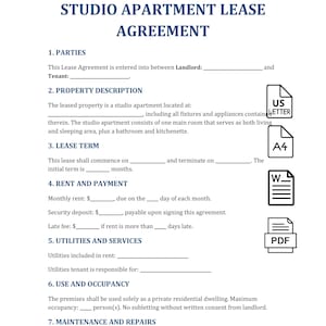 Op de afbeelding: Een sjabloon voor een huurovereenkomst voor een studio-appartement met de titel "STUDIO APARTMENT LEASE AGREEMENT" in blauwe tekst. Het document bevat secties voor partijen, beschrijving van het onroerend goed, huurtermijn, huur, nutsvoorzieningen en onderhoud. Pictogrammen voor US Letter, A4, Word en PDF rechts.