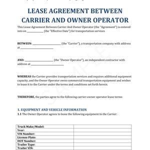May include: A business document titled "LEASE AGREEMENT BETWEEN CARRIER AND OWNER OPERATOR" from Freight Logistics Solutions. The document includes sections for equipment information and is on a white background.