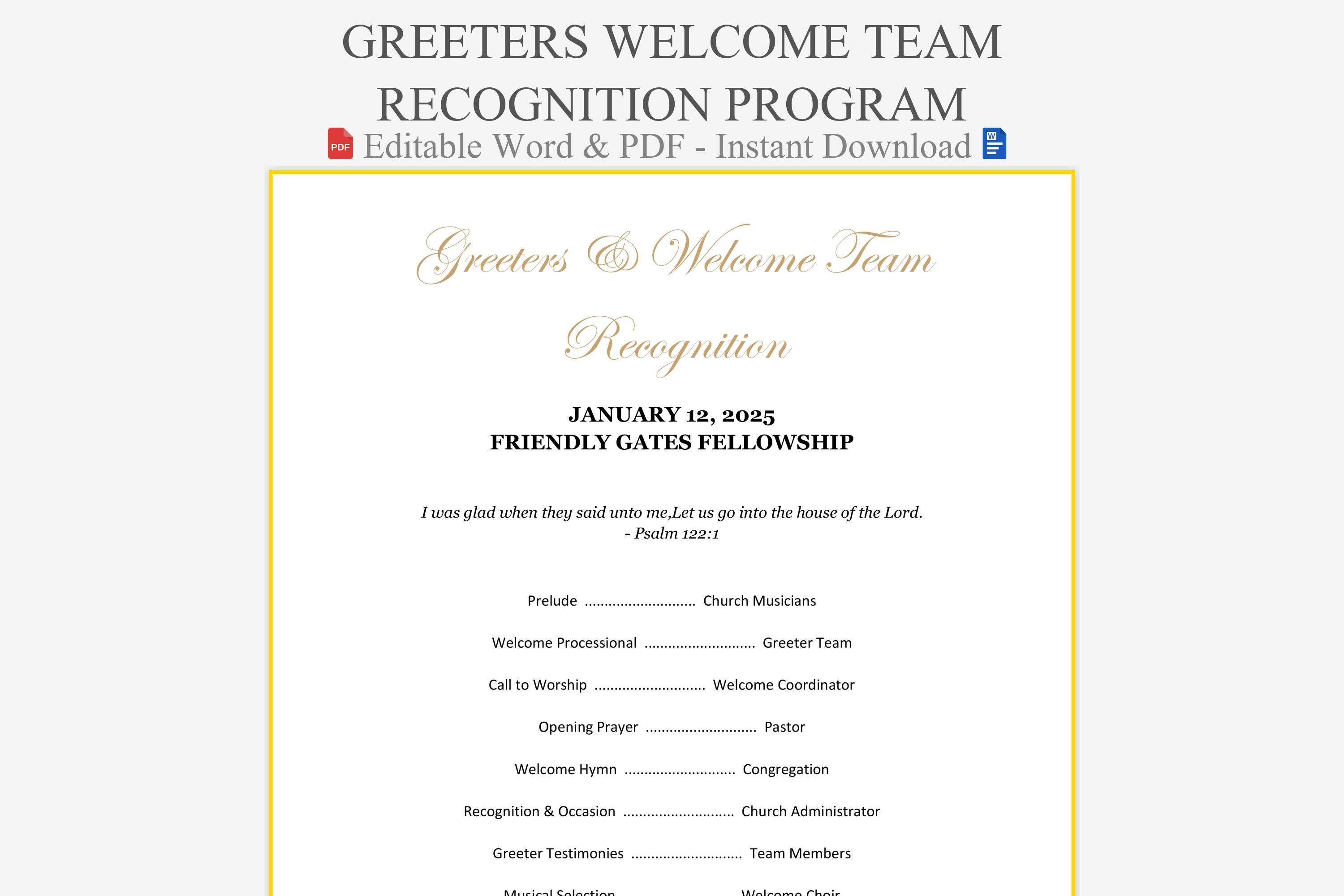Welcome Program Full Greeters Welcome Team Recognition Program Template - Hospitality Honor ...