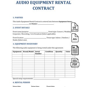 Può includere: Un documento bianco intitolato "Contratto di noleggio attrezzature audio" con campi compilabili per le parti, i dettagli dell'evento e l'inventario delle attrezzature. Include icone per i formati US Letter, A4, Word e PDF.