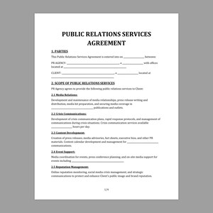 May include: A printed document titled "PUBLIC RELATIONS SERVICES AGREEMENT" with sections for parties, scope of services, and media relations. The text is black on a white background, with a gray border.