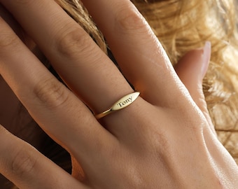 Anillo con nombre grabado, plata de ley chapada en oro, personalizado, apilable