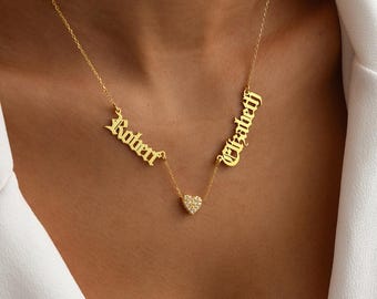 Collar familiar personalizado de plata de ley con nombres grabados y dije de corazón