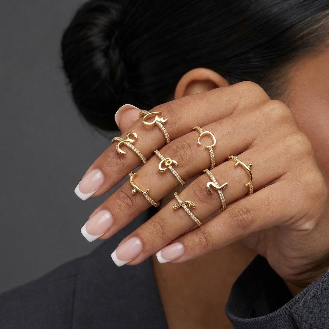 Arabic Letter Ring, Gold Initial Ring, 925 Sterling Silver Pavé CZ ...