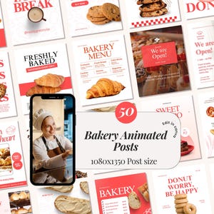 May include: A collection of 50 bakery-themed animated posts, each with a red and white color scheme. The posts feature images of baked goods like croissants, cookies, and donuts, along with text such as "Freshly Baked" and "Bakery Menu."