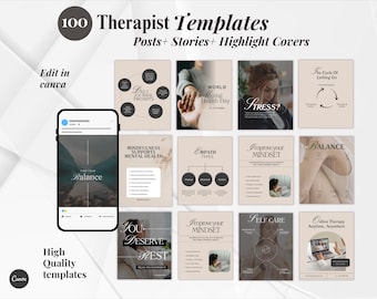 Postagens para Instagram de terapeutas, coach de saúde mental, aconselhamento, psicólogos, ansiedade, bem-estar e mindfulness. Kit de mídia social para redes sociais.