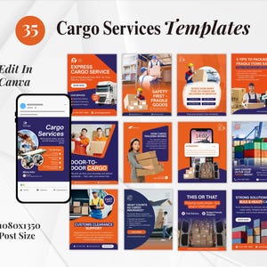 Puede incluir: Un conjunto de plantillas de servicios de carga en naranja y azul. Las plantillas incluyen gráficos de camiones, trabajadores y contenedores de envío. El texto incluye "Cargo Services Templates", "Express Cargo Service" y "Door-to-Door Cargo".
