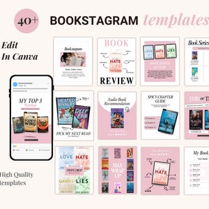 May include: A collection of pink and white Bookstagram templates with text that reads "BOOKSTAGRAM templates", "Edit In Canva", and "High Quality templates". The templates include book covers and text.