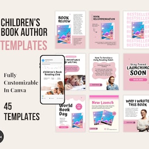 Puede incluir: Un conjunto de plantillas rosas y blancas para autores de libros infantiles. Las plantillas incluyen reseñas de libros, recomendaciones y materiales promocionales. El texto incluye "Children's Book Author Templates", "Fully Customizable In Canva" y "45 Templates".