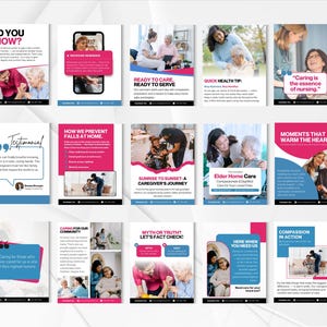 May include: A collection of informational flyers with text and images related to elder care. The flyers feature images of caregivers and seniors, with text such as "Did You Know?", "Ready to Care", and "Elder Home Care".