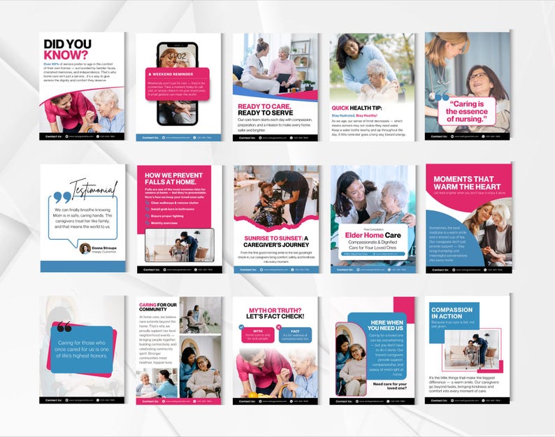 May include: A collection of informational flyers with text and images related to elder care. The flyers feature images of caregivers and seniors, with text such as "Did You Know?", "Ready to Care", and "Elder Home Care".
