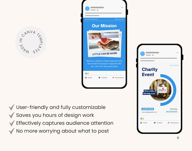 Puede incluir: Imagen promocional que muestra plantillas de Canva para publicaciones en redes sociales. Dos pantallas de tel&eacute;fonos inteligentes muestran publicaciones de ejemplo: una sobre una misi&oacute;n con el texto "LITTLE CAN BE MORE" y otra para un evento ben&eacute;fico. La imagen tambi&eacute;n destaca la facilidad de uso y personalizaci&oacute;n de las plantillas.