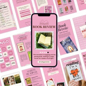May include: A collection of pink social media templates with book-related themes. The central image is a phone displaying a "Book Review" graphic with an open book. Other templates include "Bingo," "March Readings," and book covers.