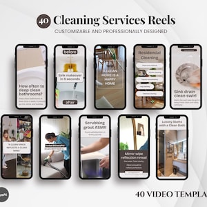 Puede incluir: Imagen promocional que muestra 40 plantillas de Reels de Servicios de Limpieza. La imagen muestra varios teléfonos inteligentes con contenido relacionado con la limpieza, incluyendo texto como "Sink makeover in 5 seconds" y "Luxury Starts with a Clean Bath". El logotipo de Canva es visible.