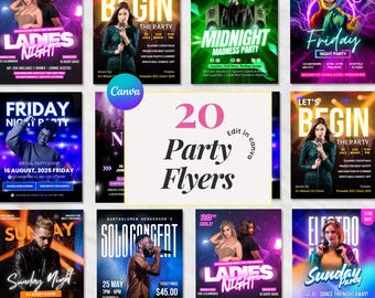 Party Flyers Templates Bundle for Club, DJ, Bar, Music Event & Nightclub, Editable canva flyer social media instagram printable templates