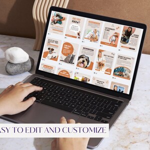 May include: A laptop screen showing pet-themed social media templates in orange and white. The templates feature images of dogs and cats, with text such as "Did You Know?" and "Fun Fact Friday". The words "EASY TO EDIT AND CUSTOMIZE" are visible.