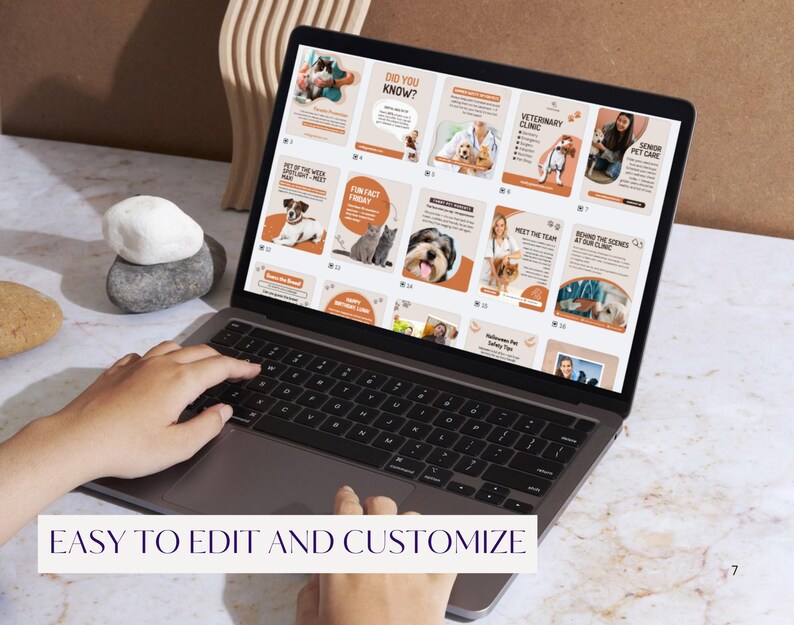 May include: A laptop screen showing pet-themed social media templates in orange and white. The templates feature images of dogs and cats, with text such as "Did You Know?" and "Fun Fact Friday". The words "EASY TO EDIT AND CUSTOMIZE" are visible.