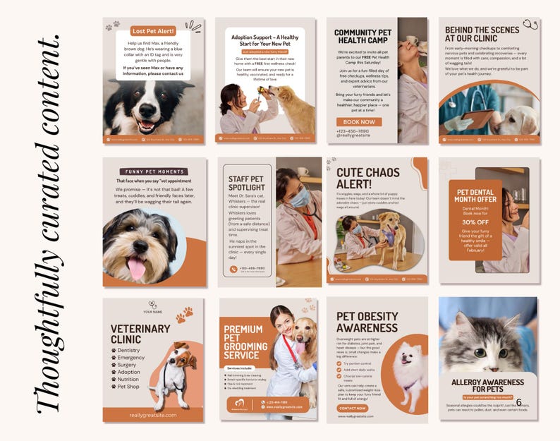 May include: A series of pet care themed promotional graphics on an orange background. The graphics feature text and images about pet adoption, veterinary services, dental offers, and allergy awareness. Text includes phrases like "Lost Pet Alert!" and "Cute Chaos Alert!"