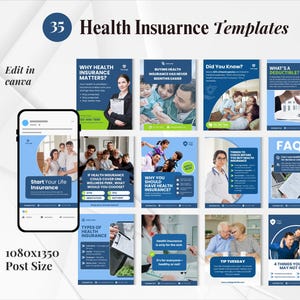 May include: A set of 12 social media templates for health insurance, with blue and white designs. The templates include text such as "Why Health Insurance Matters?" and "Start Your Life Insurance". The image also shows a mobile phone.