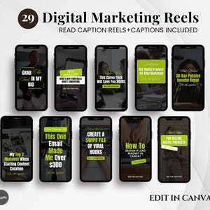 Op de afbeelding: Een digitaal marketingproduct met 29 reels, weergegeven op smartphones. Elk telefoonscherm toont tekst en afbeeldingen met betrekking tot digitale marketing, waaronder onderwerpen als Etsy, Canva en passief inkomen. De tekst bevat zinnen als "Digital Marketing Reels" en "Edit in Canva."