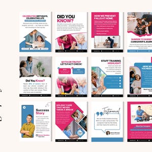 May include: A collection of informational flyers with a pink, blue, and white color scheme. The flyers contain text and images related to caregiving services, including topics like celebrating birthdays, preventing falls, and caregiver journeys. The phrase "Thoughtfully curated content" is on the left.