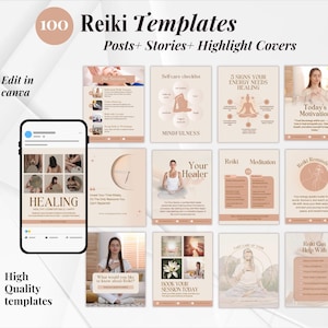 May include: A digital product with 100 Reiki templates for social media posts, stories, and highlight covers. The templates use a beige and brown colour scheme and include images and text related to healing, mindfulness, and meditation. The product is editable in Canva.
