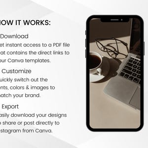 Puede incluir: Una pantalla de tel&eacute;fono inteligente muestra una computadora port&aacute;til, una taza de caf&eacute; y gafas. El texto "HOW IT WORKS:" est&aacute; en la parte superior, seguido de pasos numerados: Descargar, Personalizar y Exportar, explicando c&oacute;mo usar plantillas de Canva.