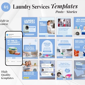 May include: A collection of 65 laundry service templates for social media posts and stories. The templates feature a light blue and white color scheme with images of laundry, washing machines, and people. Text includes "Laundry Services", "No Time to Do Laundry?", and "Fresh Clothes."