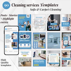 Könnte beinhalten: Werbegrafik mit dem Text "90 Reinigungsdienst-Vorlagen" und "Sofa & Teppichreinigung". Das Design umfasst ein Smartphone-Mockup und verschiedene Social-Media-Post-Vorlagen mit Reinigungsservice-Themen. Der Text "Posts + Stories + Highlight covers" ist ebenfalls enthalten.