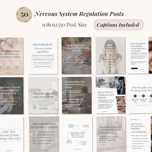 May include: A digital product with 50 social media posts on nervous system regulation. The image features a grid of informational graphics with text like "Captions Included" and "1080x1350 Post Size". The posts cover topics such as sleep, discipline, and stress.