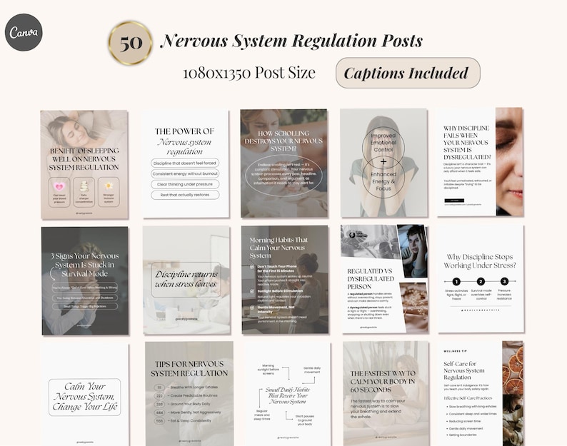 May include: A digital product with 50 social media posts on nervous system regulation. The image features a grid of informational graphics with text like "Captions Included" and "1080x1350 Post Size". The posts cover topics such as sleep, discipline, and stress.