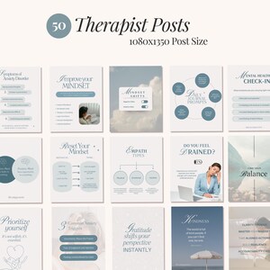 Puede incluir: Una colección de 15 plantillas digitales para terapeutas, con una combinación de colores azul claro y blanco. Las plantillas incluyen texto como "Therapist Posts", "Improve Your Mindset" y "Mental Health Check-In". El logotipo de Canva está en la esquina superior izquierda.