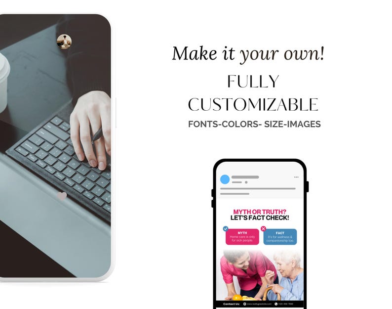 May include: Image features a smartphone displaying a social media post with the text "MYTH OR TRUTH? LET'S FACT CHECK!". The post includes images and text about myths and facts. The words "Make it your own!" and "FULLY CUSTOMIZABLE" are also visible.