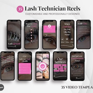 Könnte beinhalten: Zehn Smartphones mit Lash-Techniker-Reels. Jedes Telefon zeigt ein einzigartiges Design mit Text und Bildern zu Wimpernpflege, Wimpernwachstum und Dienstleistungen. Der Text "35 Lash Technician Reels" befindet sich oben im Bild.